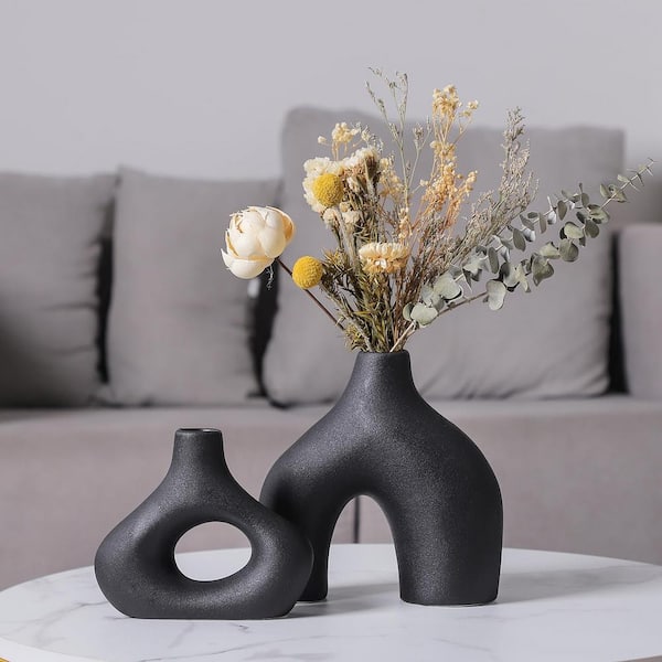 Afoxsos Black Ceramic Vase Set of 2 for Modern Minimalist Bohemian Decor Round Matte Donut Vases for Living Room Dining Table SNPH039IN409