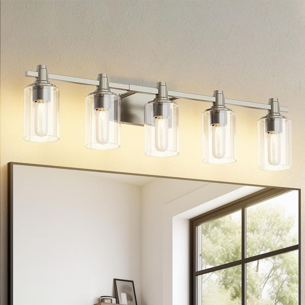 34.65 in. 5 Light Nickel Bathroom Vanity Light with Cylinder Clear Glass shades price history on PriceWatchPro