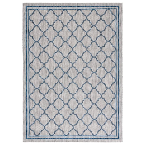 SAFAVIEH Courtyard Gray/Navy 4 ft. x 6 ft. Border Quatrefoil Indoor/Outdoor Area Rug