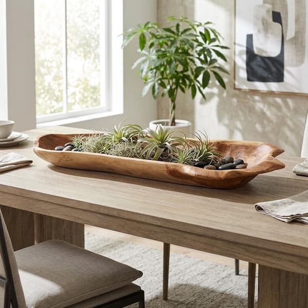 Brown 39 in. Curved Teak Wood Decorative Bowl