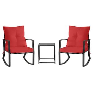 Black 3-Piece Metal Outdoor Bistro Set Patio Steel Conversation with Glass Coffee Table and Red Cushion for Garden