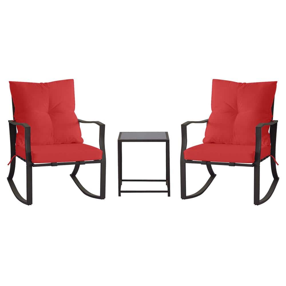 Black 3-Piece Metal Outdoor Bistro Set Patio Steel Conversation with Glass Coffee Table and Red Cushion for Garden price history on PriceWatchPro