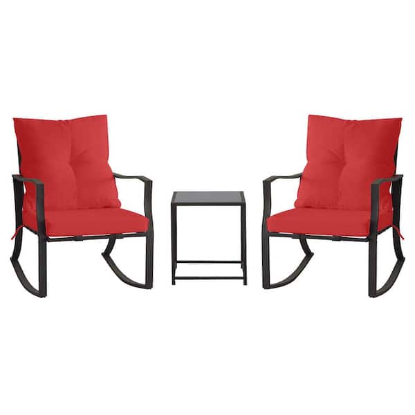 Zeus & Ruta Black 3-Piece Metal Outdoor Bistro Set Patio Steel Conversation with Glass Coffee Table and Red Cushion for Garden