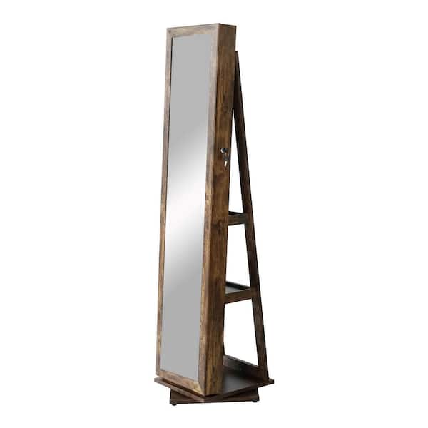 Unbranded Antique Gray Rectangular Wood 360° Swivel Floor Standing Jewelry Cabinet with Mirror