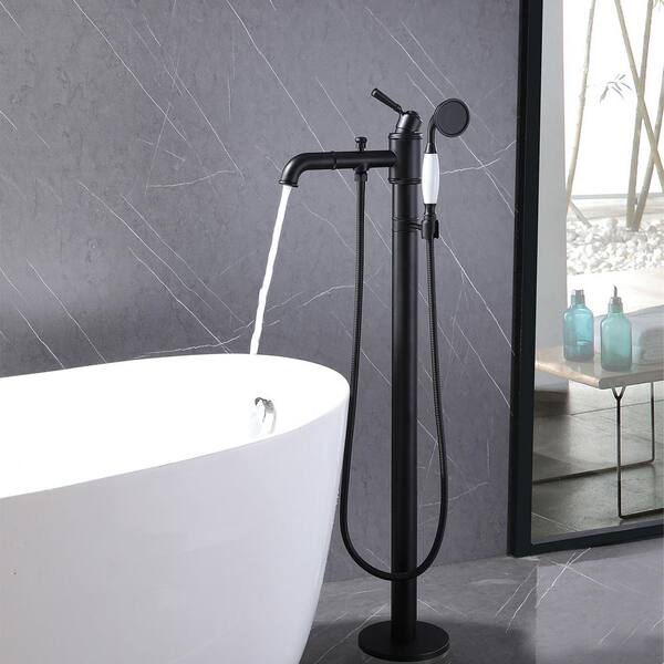 Single-Handle Floor Mount Freestanding Tub Faucet with Hand Shower in Matte Black