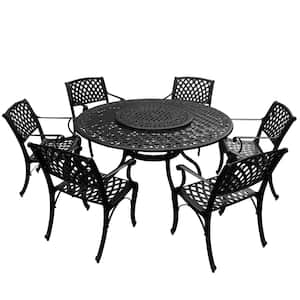 Black 7-Piece Aluminum Round Mesh Outdoor Dining Set with 6-Chairs