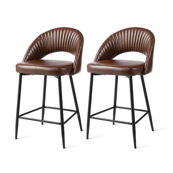 Glitzhome 36.50 in. H Modern Brown Quilted Leatherette Counter Stool with Metal Tapered Legs and Low Back (set of 2)