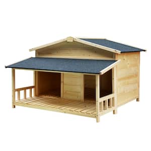 Durable Wood Waterproof Dog Houses with Porch for Winter in Natural wood