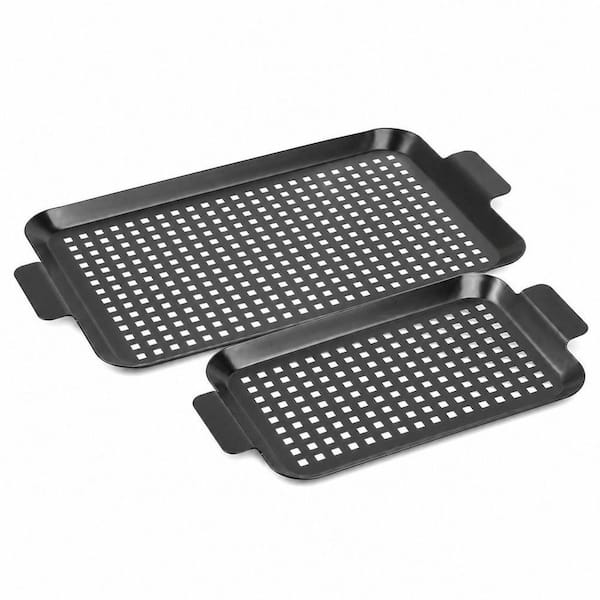 2-Piece 16.53 in. Enamel Coated Nonstick Grill Pan, Grill Topper for Outdoor Grill in Black for camping, picnic, party