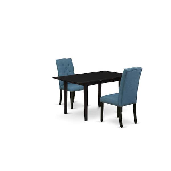 East West Furniture 3-Piece Black Finish Rectangular Solid Wood Top With Butterfly Leaf Dining Table Set
