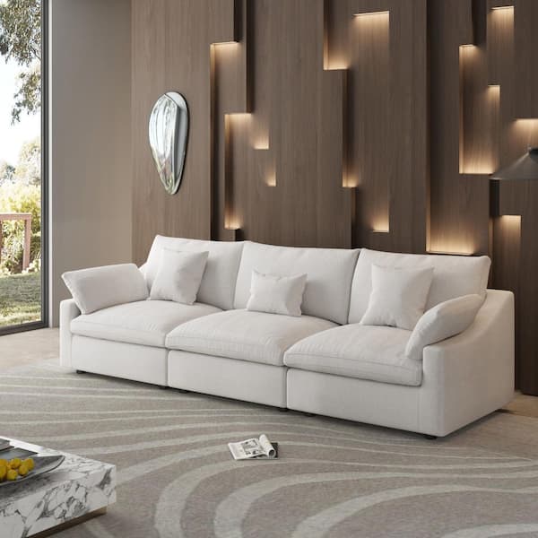 J&E Home 3-Piece Sectional Sofa 119.2 in. Linen Modular Free Combinable Deep Seat Couch Living Room Set in White