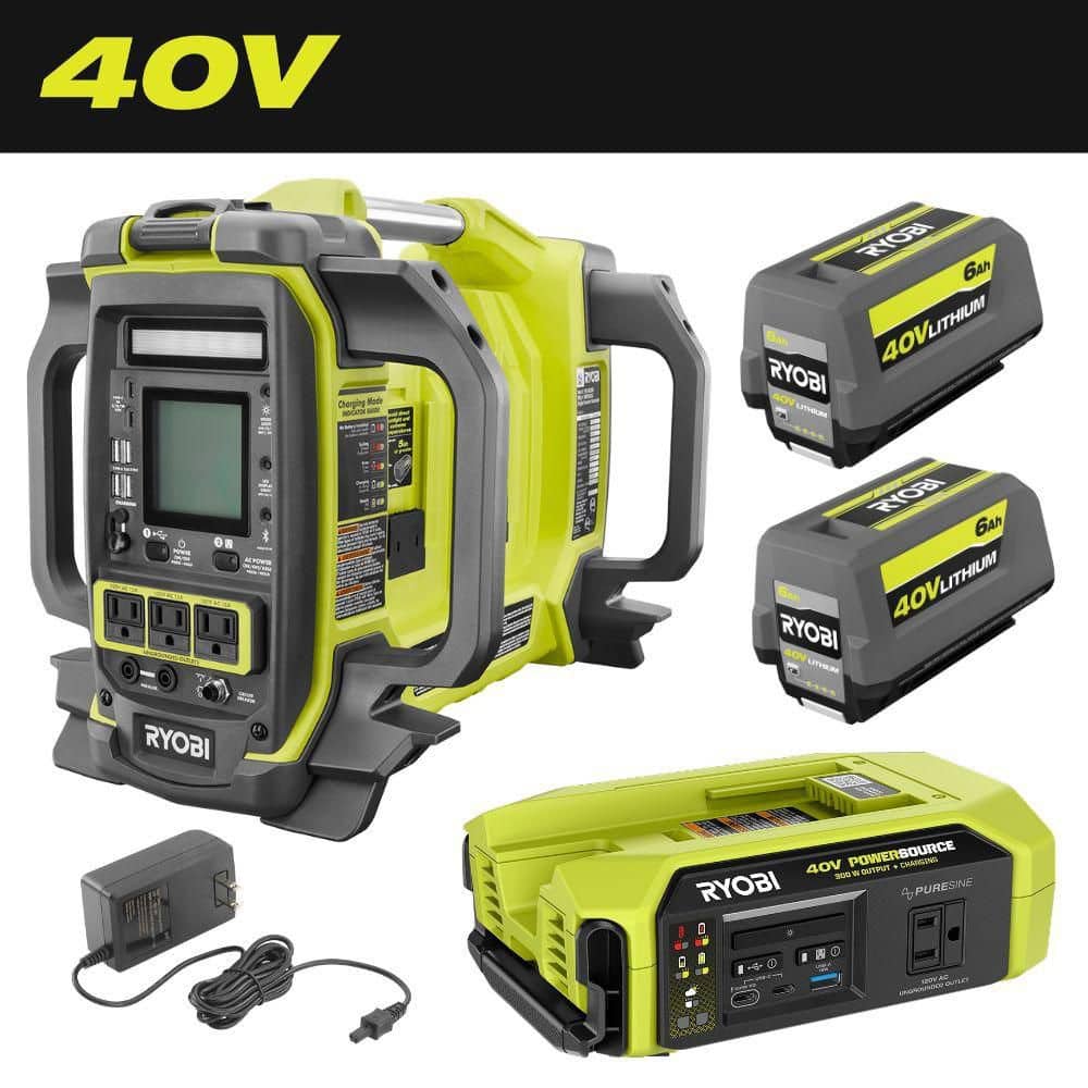 RYOBI 40V 1800-Watt Portable Battery Inverter Power Station &amp; 4-Port  Charger w&frasl; 300-Watt Power Source &amp; (2) 6.0 Ah Batteries RYi1802B6-RY40BG02B  - The