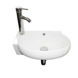 Bathroom White Ceramic Oval Wall Mount Vessel with Chrome Faucet