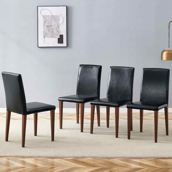 Polibi Black / Dark Walnut PU Leather Metal Frame Dining Chairs Set of 4