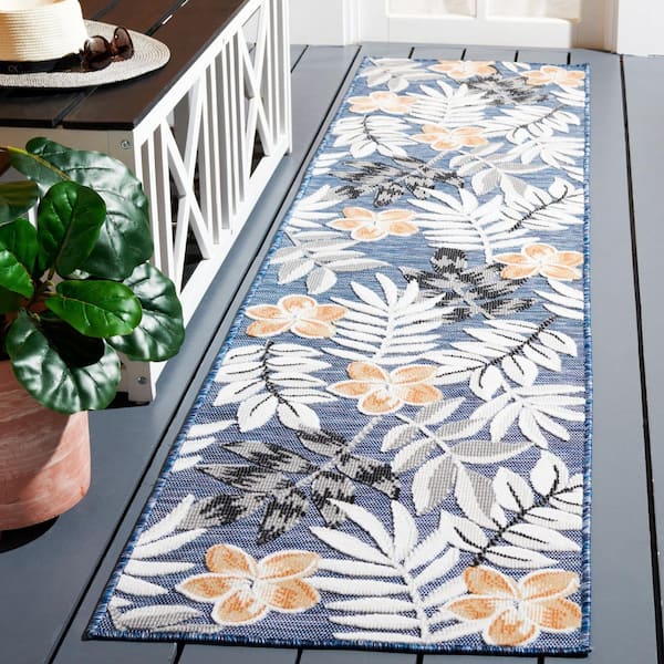 Cabana Blue/Gray 2 ft. x 9 ft. Botanical Floral Indoor/Outdoor Runner Rug