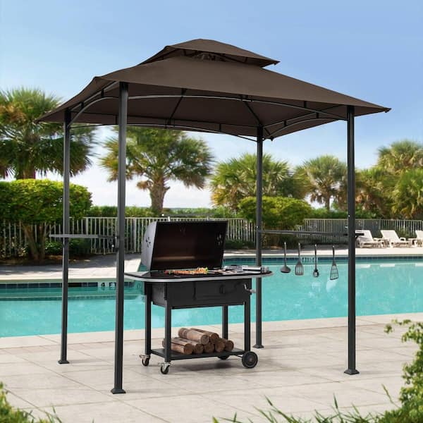 Agix 8 ft. x 5 ft. Outdoor Grill Gazebo Double Tier Soft Top Canopy and Steel Frame with Hook in Brown