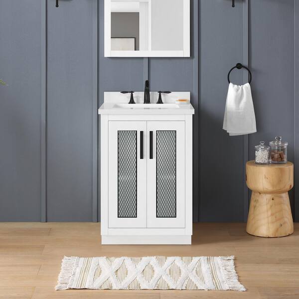 Home Decorators Collection Craddlebrook 24 in. W x 22 in. D x 34 in. H Single Sink Bath Vanity in White with White Engineered Stone Top