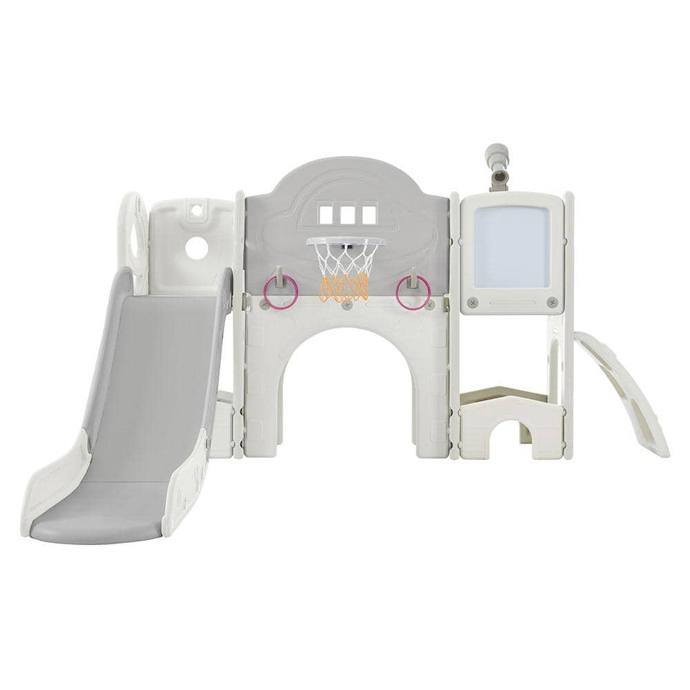 9-in-1 White Gray Freestanding Kids Slide Playset with Slide, Arch ...