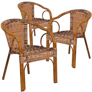 Aluminum Stackable Outdoor Dining Chair in Burning Brown Rattan/Dark Red Bamboo (Set of 3)