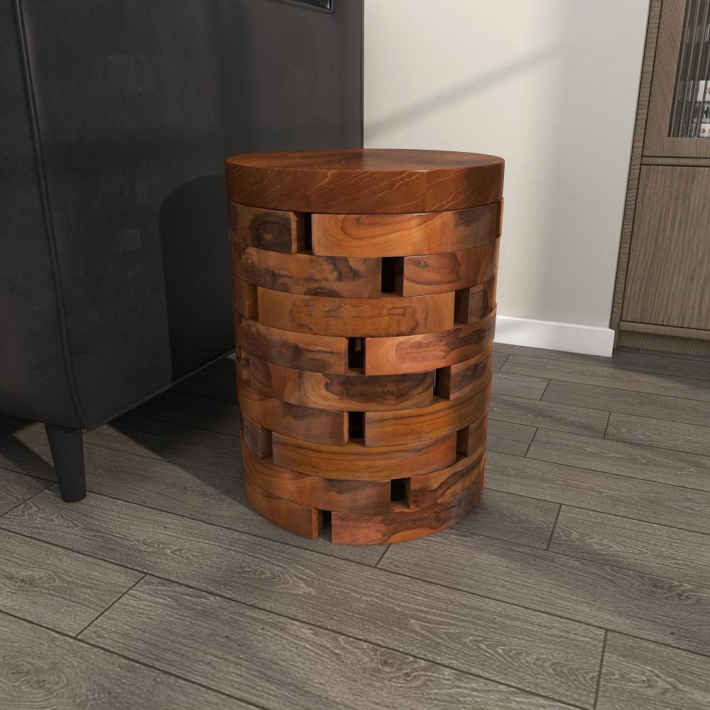 Light Brown Teak Wood Round Live Edge Accent Table 14" x 18"