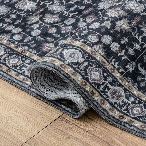 Subtlety Medallion All-Over Floral Border Non-Slip Machine-Washable Charcoal/Ivory 4 ft. x 6 ft. Area Rug
