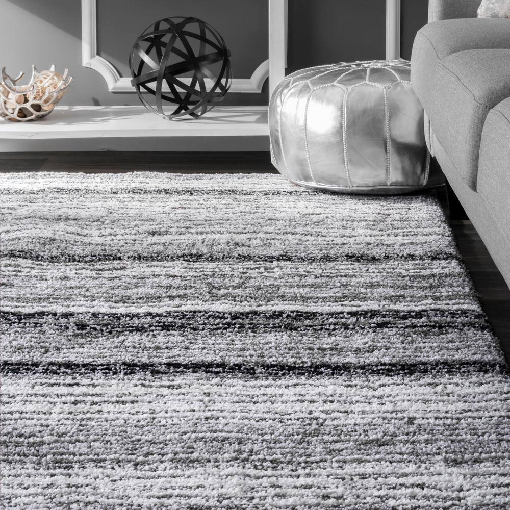 Gray Multi Striped Synthetic Shag Rug, 3' x 5'