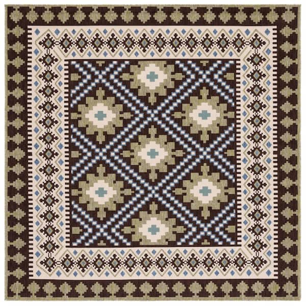 Veranda Chocolate/Green 7 ft. x 7 ft. Aztec Geometric Indoor/Outdoor Square Area Rug
