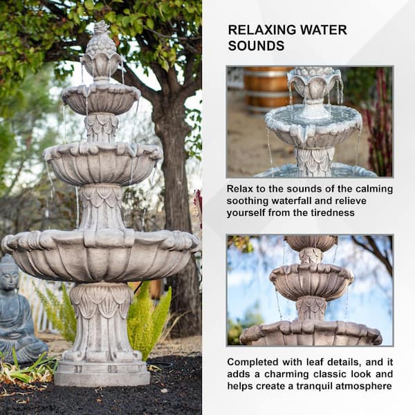 58.3 in. 3-Tier Outdoor Freestanding Water Fountain - Classic Leaf Design, Gray Resin, Large Bird Bath with Pump