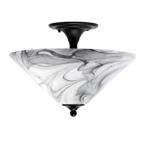 Unbranded Bristol 16 in. 2-Light Matte Black Transitional Semi-Flush Mount with 16 in. Onyx Swirl Glass Shade, No Bulbs Inclued