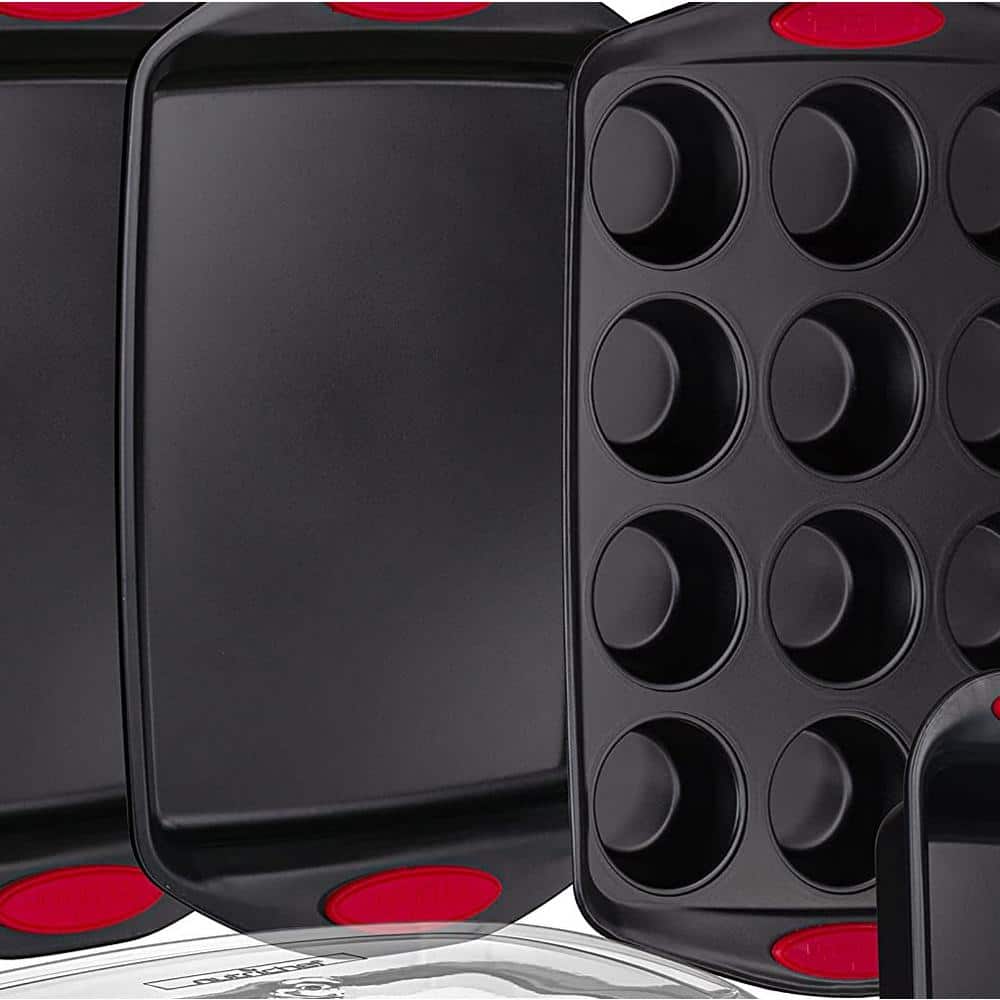 NutriChef 6-Piece Nonstick Carbon Steel Bakeware Set with Red Silicone Handles