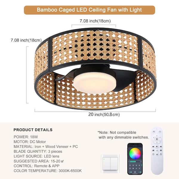 20 in. Indoor Black Farmhouse Wood Standard Caged Flush Mount Ceiling Fan with Dimmable RGB Integrated LED and Remote