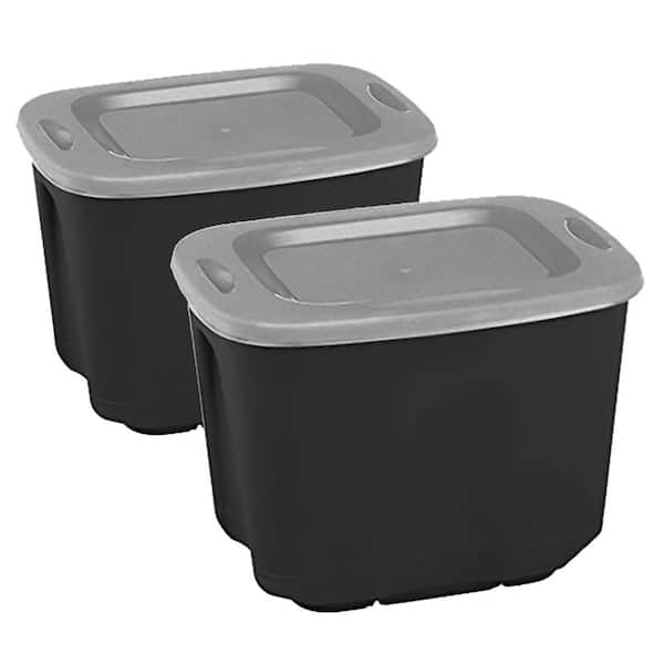 HOMZ 10 gal. Durable Molded Plastic Storage Bin with Lid in Black and Silver (2-Pack)
