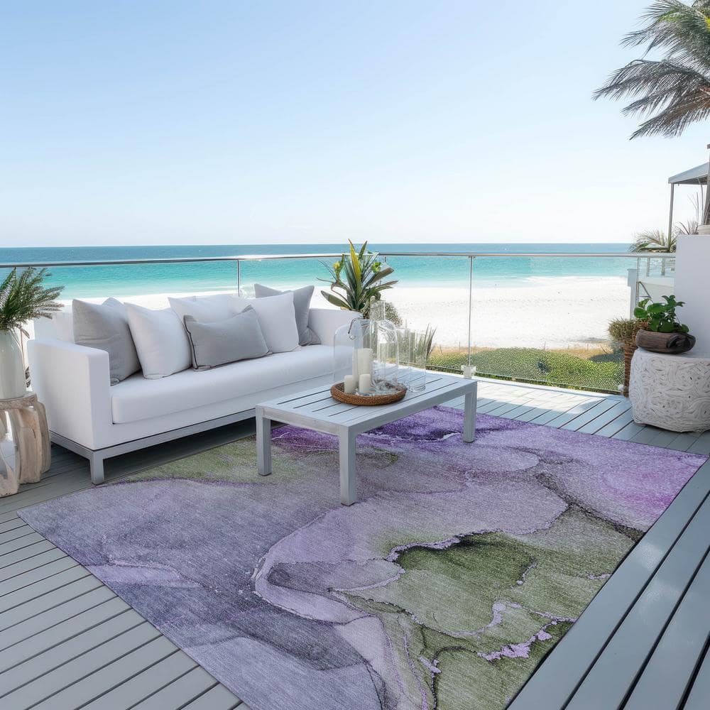 Purple and Green Watercolor Rectangular Synthetic Rug