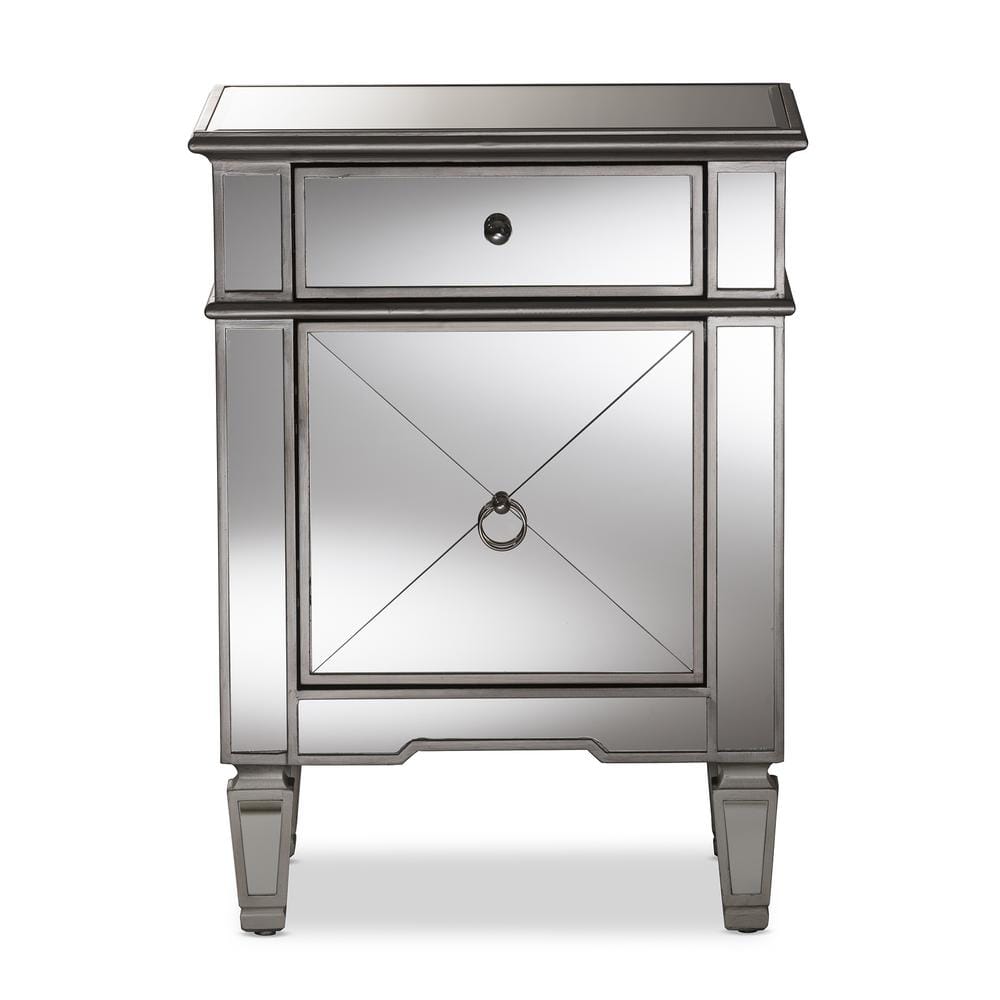 Claudia Silver Mirrored 1-Drawer Nightstand with Crosshatch Detail