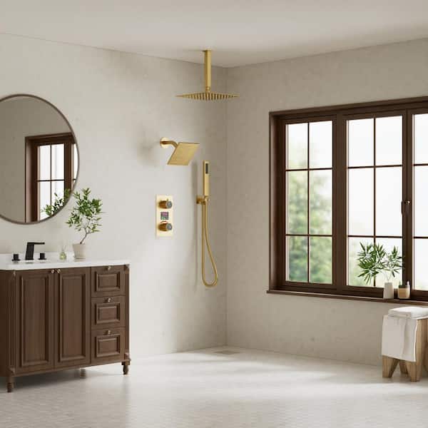 Single Handles 3-Spray Ceiling Mount 12 and 6 in. Shower Head Shower Faucet with Anti Scald in. Brushed Gold