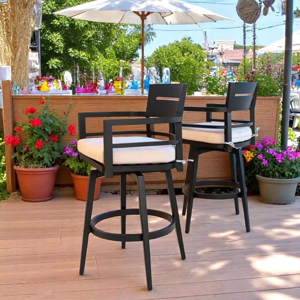 Black Aluminum Outdoor Swivel Bar Stool with Sunbrella Beige Cushion (Set of 2) price history on PriceWatchPro