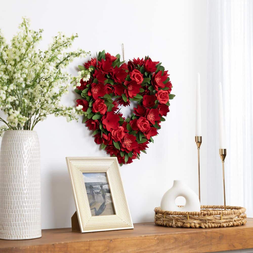 Heart-Shaped Red Floral Artificial Valentine's Day Wreath