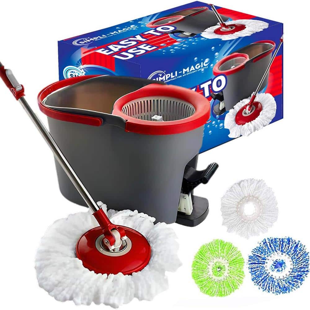 Red and White Microfiber Flat Mop and Bucket System with Broom