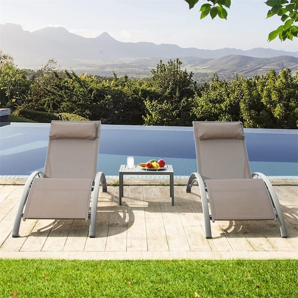 Clihome Adjustable Backrest Pool Lounge Chairs Steel Sunbathing Recliner with Headrest Khaiki , 2 Chairs Plus 1 Table