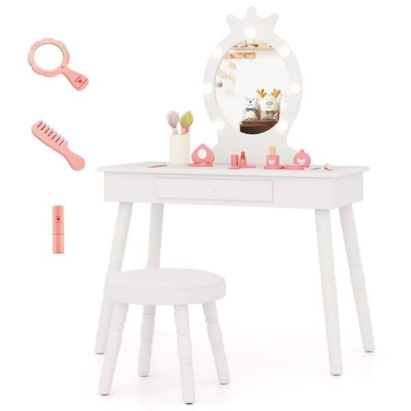Costway 2-Piece Wood Top White Kids Vanity Set Princess Vanity Table and Chair Set with Lighted Mirror