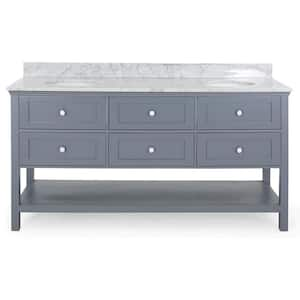 73 in. W x 22 in. D x 40 in. H Double Sink Freestanding Bath Vanity in Grey with White Marble Top and Storage Cabinet