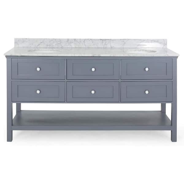 EPOWP 73 in. W x 22 in. D x 40 in. H Double Sink Freestanding Bath Vanity in Grey with White Marble Top and Storage Cabinet