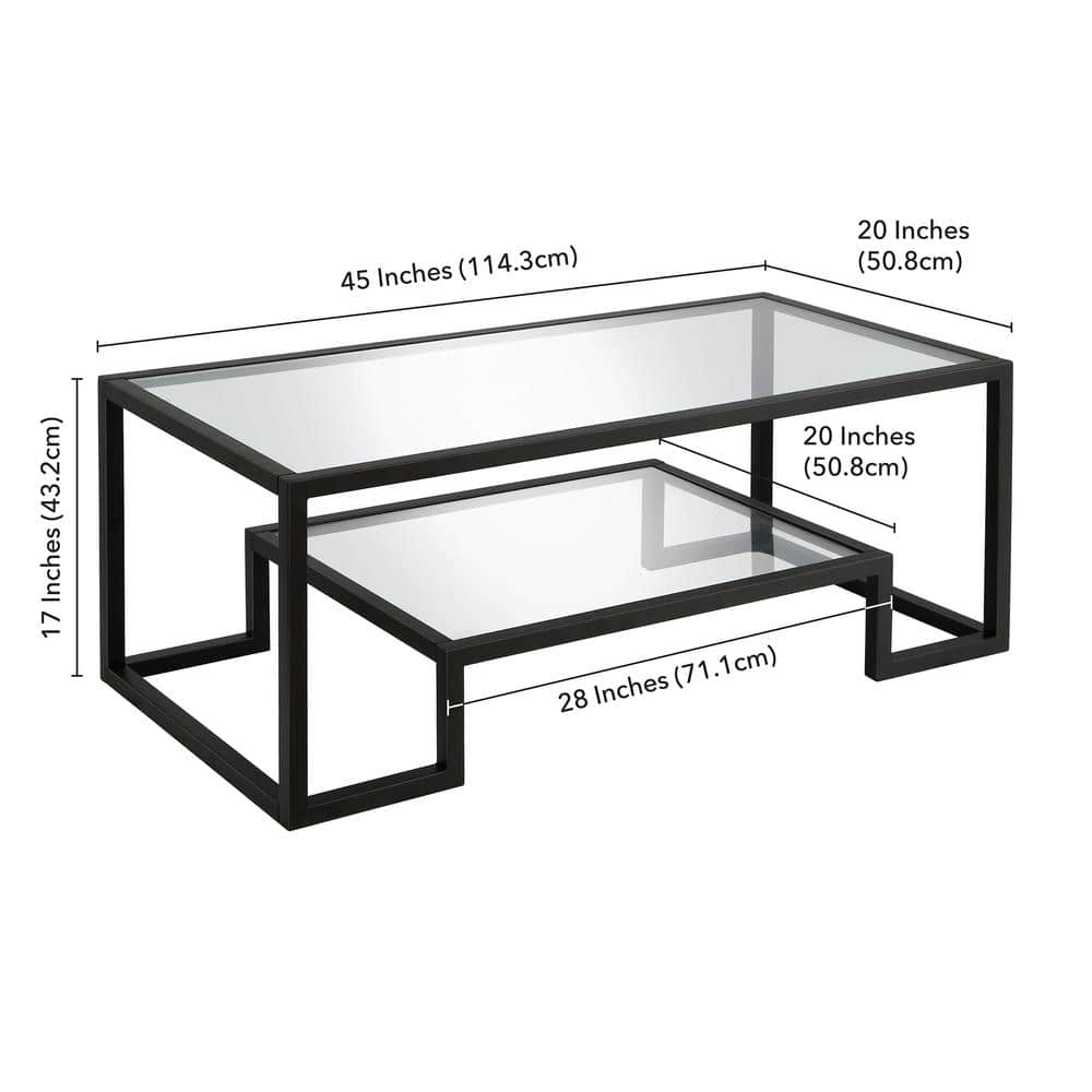 Blackened Bronze Rectangular Glass Coffee Table with Lower Shelf