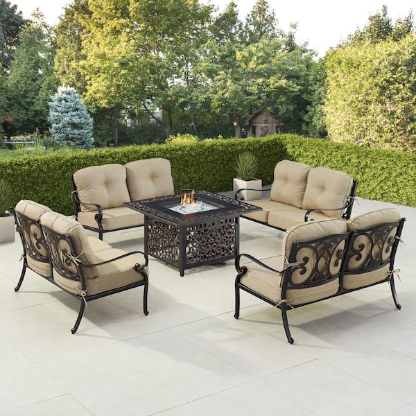 Oakland Living Black 5 Piece Aluminum Patio Fire Pit Table Set with 4 Deep Seating Loveseats with Tan Cushions