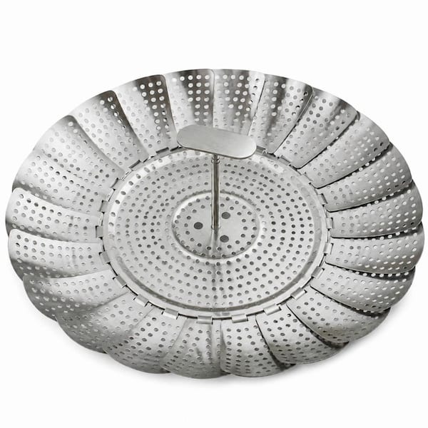 Stainless Steel Folding Expandable Vegetable Steamer Basket 5.5 to 9 in T-Round Design with Detachable Handle
