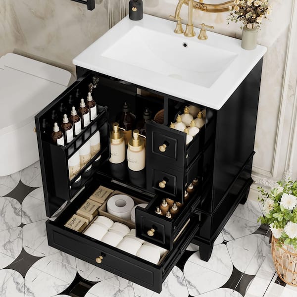 24 in. Single Sink Solid Wood Frame Freestanding Black Bath Vanity with White Ceramic Top, Unassembled, Soft Close