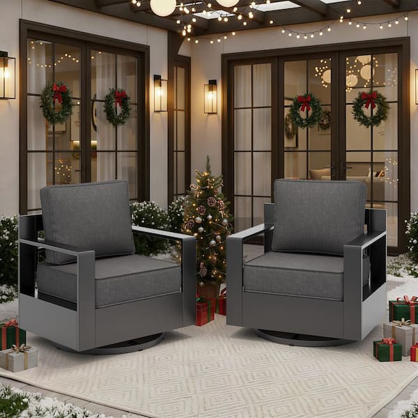 2-Piece Aluminum Armrest Outdoor Rocking Chair Set with Deep Seating and Gray Cushions