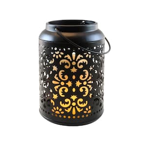 Flame Effect Battery Operated Black Metal Lantern