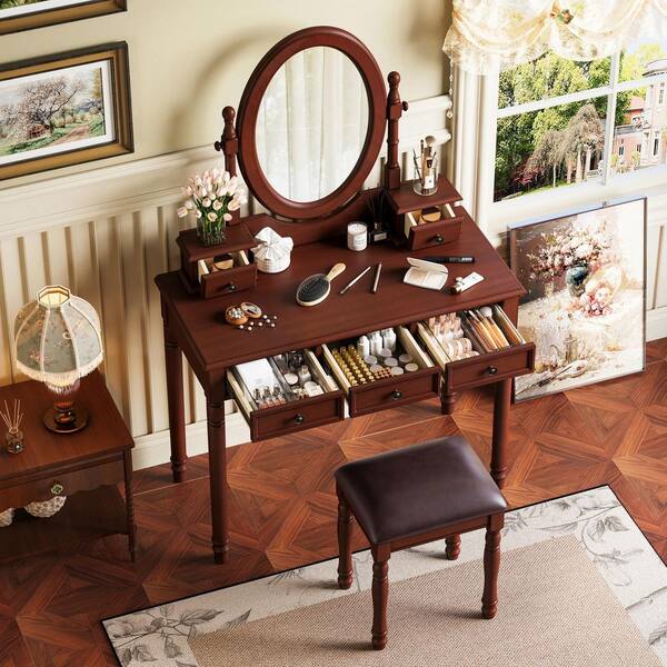 2-Piece Walnut Vintage Makeup Vanity Desk with Adjustable Angle Mirror, Cushioned Stool, 5 Drawers