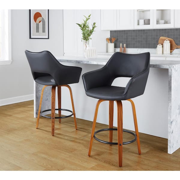 Lumisource Mustang 26.5 in. Black Faux Leather, Walnut Wood and Black Metal Fixed-Height Counter Stool (Set of 2)
